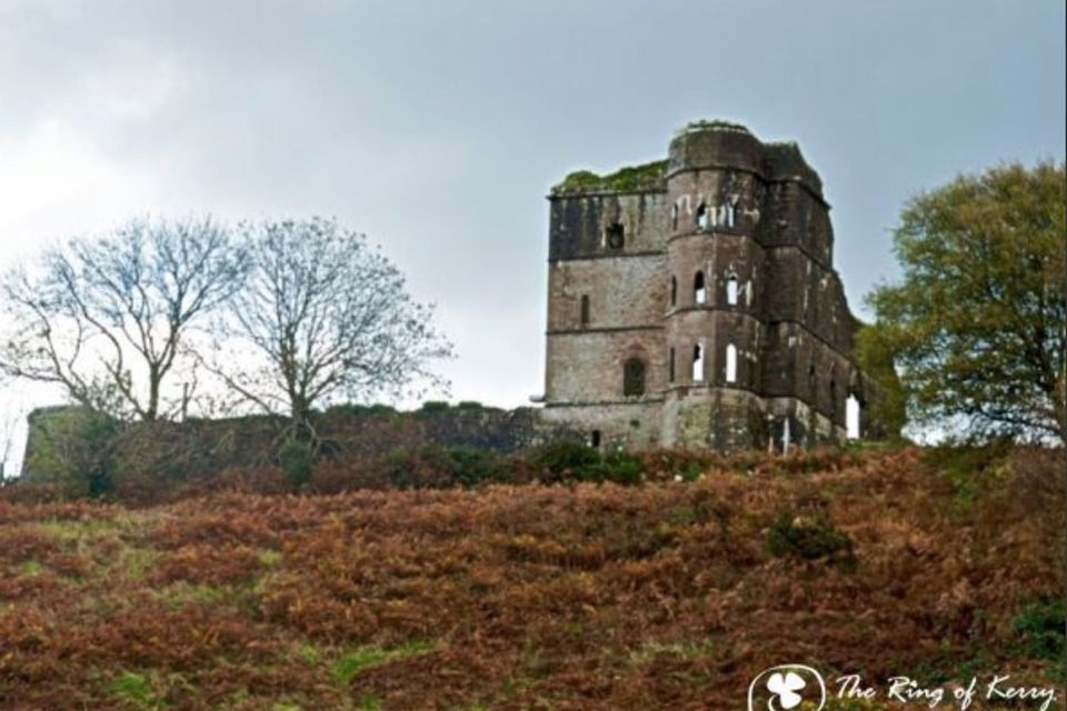 The ruined stone tower of Glenbeigh Towers among trees
