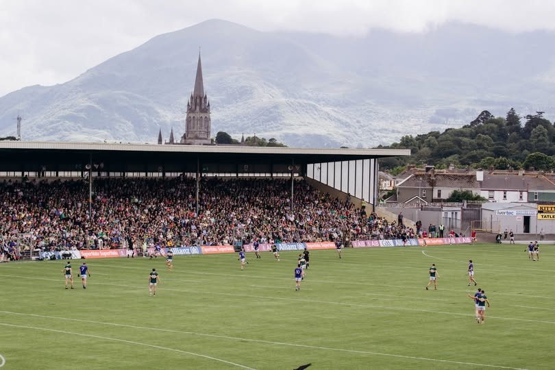 Kerry playing at Fitzgerald Stadium, Killarney, with St Mary's Cathedral and the mountains behind