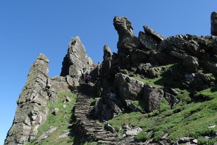 Rocky pinnacles and the old stone steps on Skellig Michael