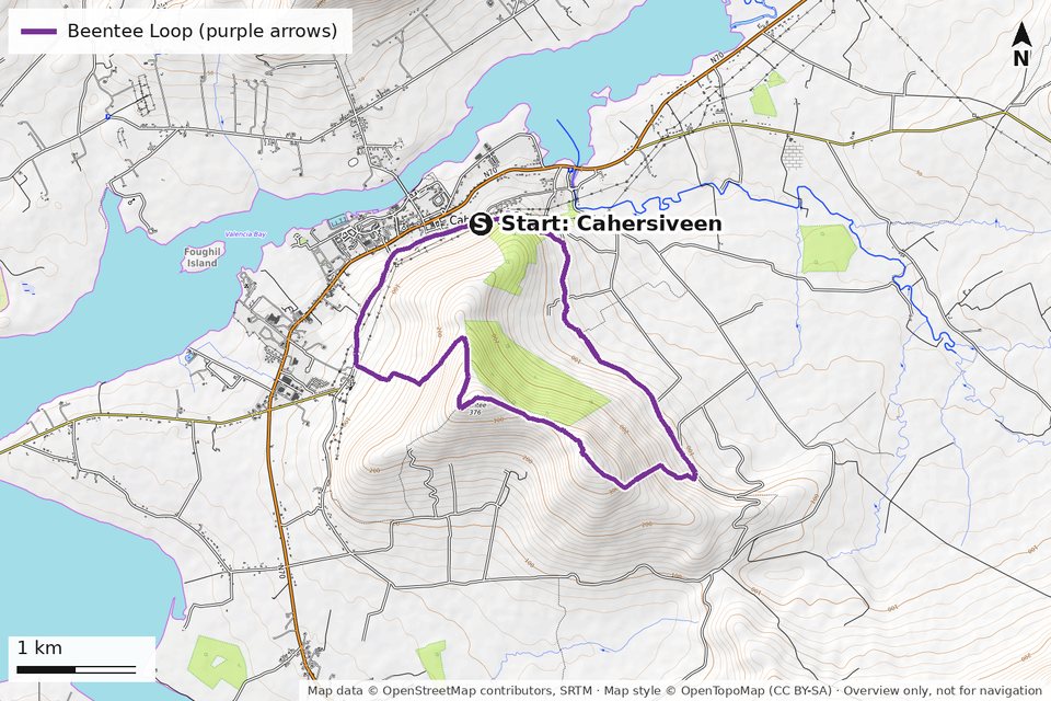 Map of the Beentee Loop, a circuit on the slopes of Beentee mountain above Cahersiveen