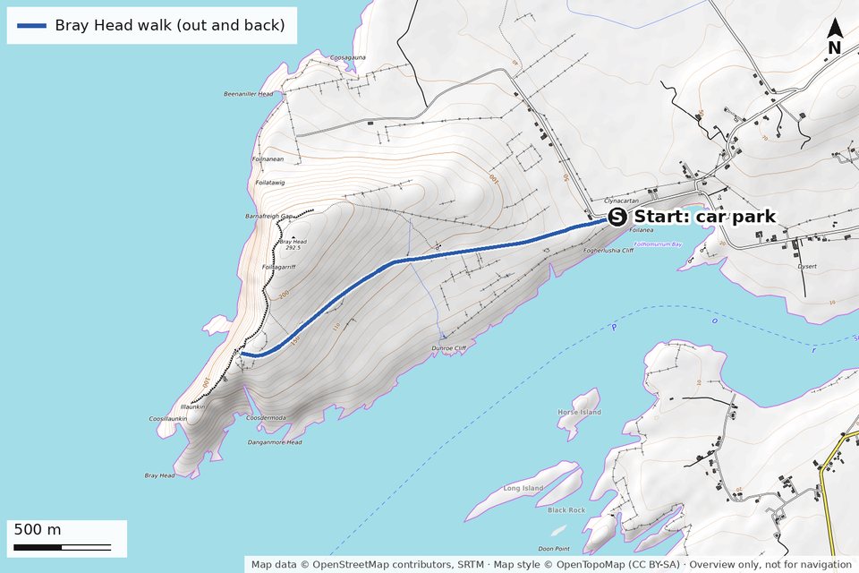 Map of the Bray Head walk on Valentia Island, from the car park west along a track to the ruined tower on the headland