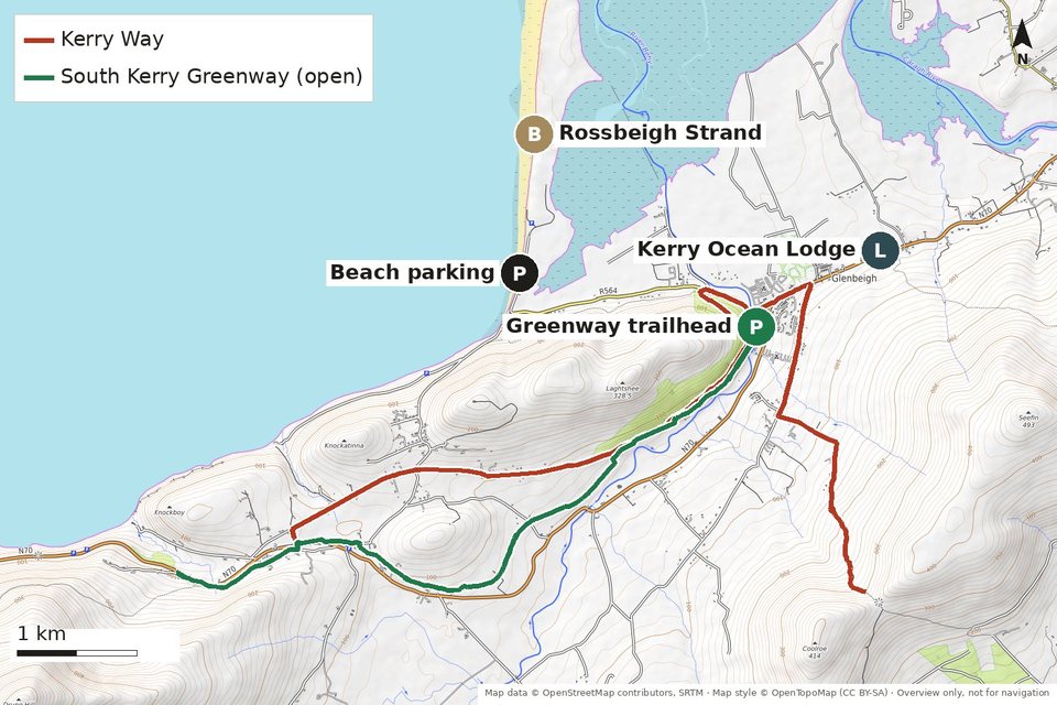 Map of Glenbeigh and Rossbeigh showing the Kerry Way, the South Kerry Greenway, the lodge, the Greenway trailhead and Rossbeigh beach parking