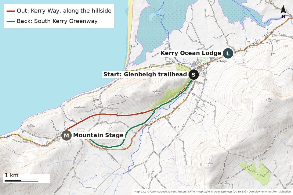 Map of a loop from the Glenbeigh trailhead: out on the Kerry Way along the hillside to Mountain Stage, back on the South Kerry Greenway