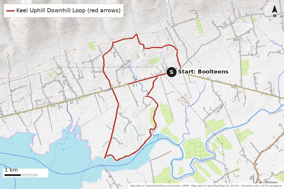 Map of the Keel Uphill Downhill Loop, starting opposite the church in Boolteens near Castlemaine Harbour