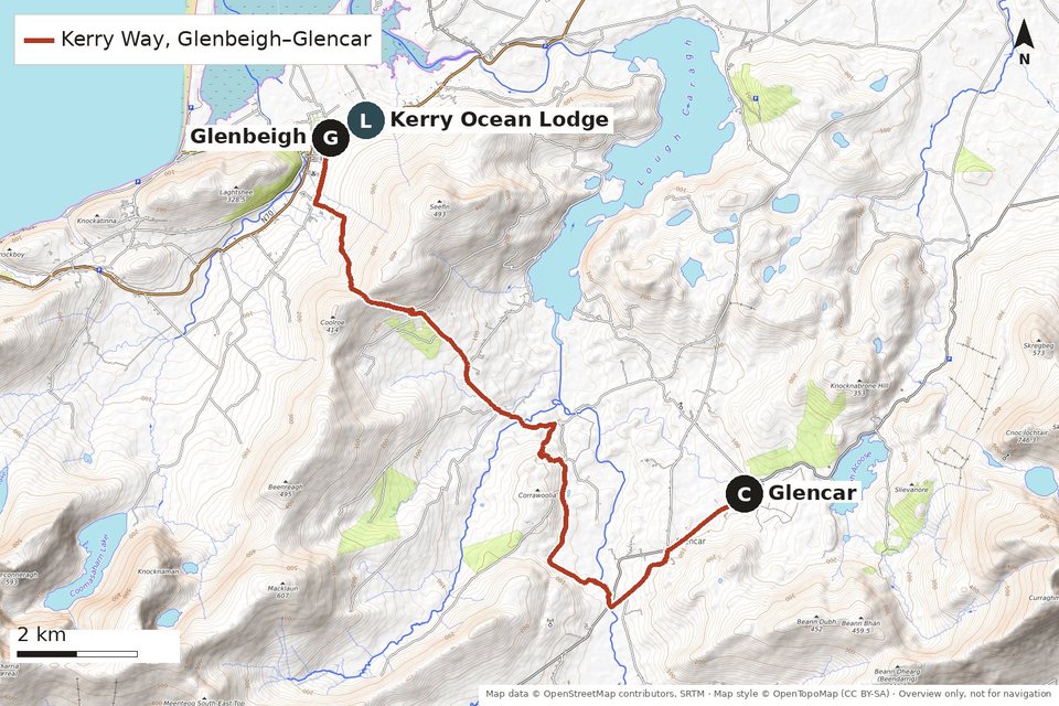 Map of the Kerry Way from Glenbeigh south over the hills and through the Caragh valley to Glencar