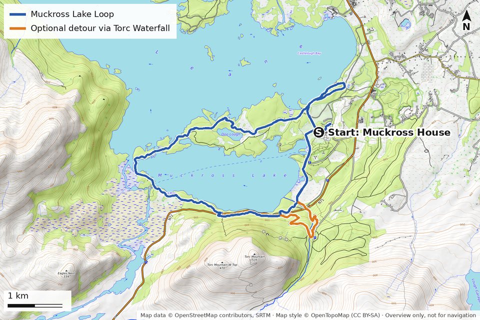 Map of the Muckross Lake Loop from Muckross House, round the lake by Brickeen Bridge and back along the southern shore, with the detour to Torc Waterfall