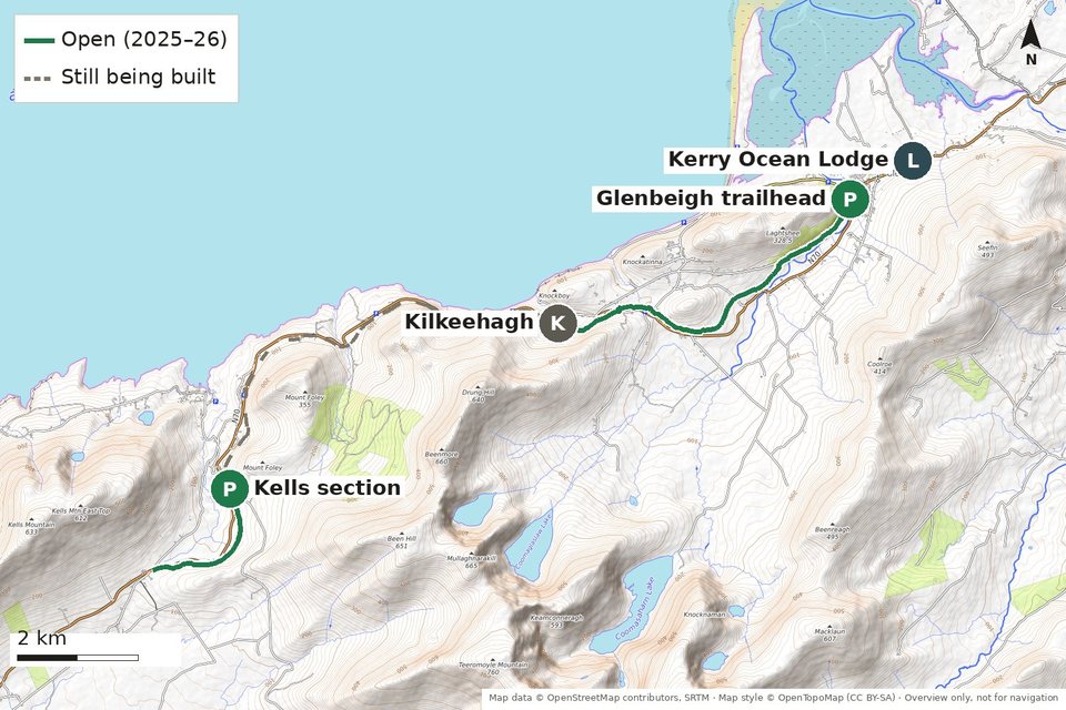 Map of the South Kerry Greenway: the open section from Glenbeigh to Kilkeehagh, the separate Kells section, and the stretch still being built