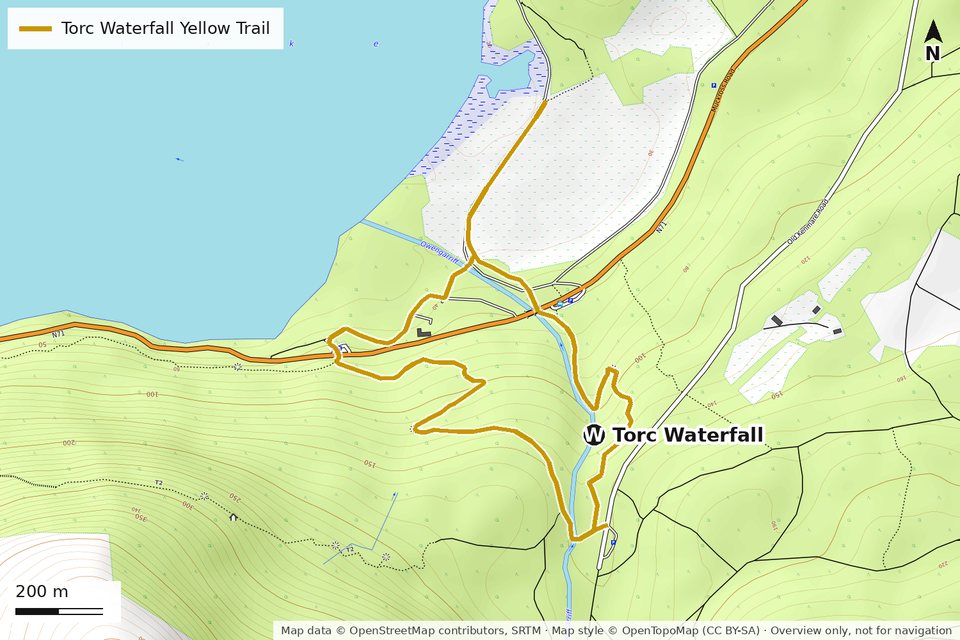 Map of the Torc Waterfall Yellow Trail, a short loop from the N71 up past the waterfall and back through the woods