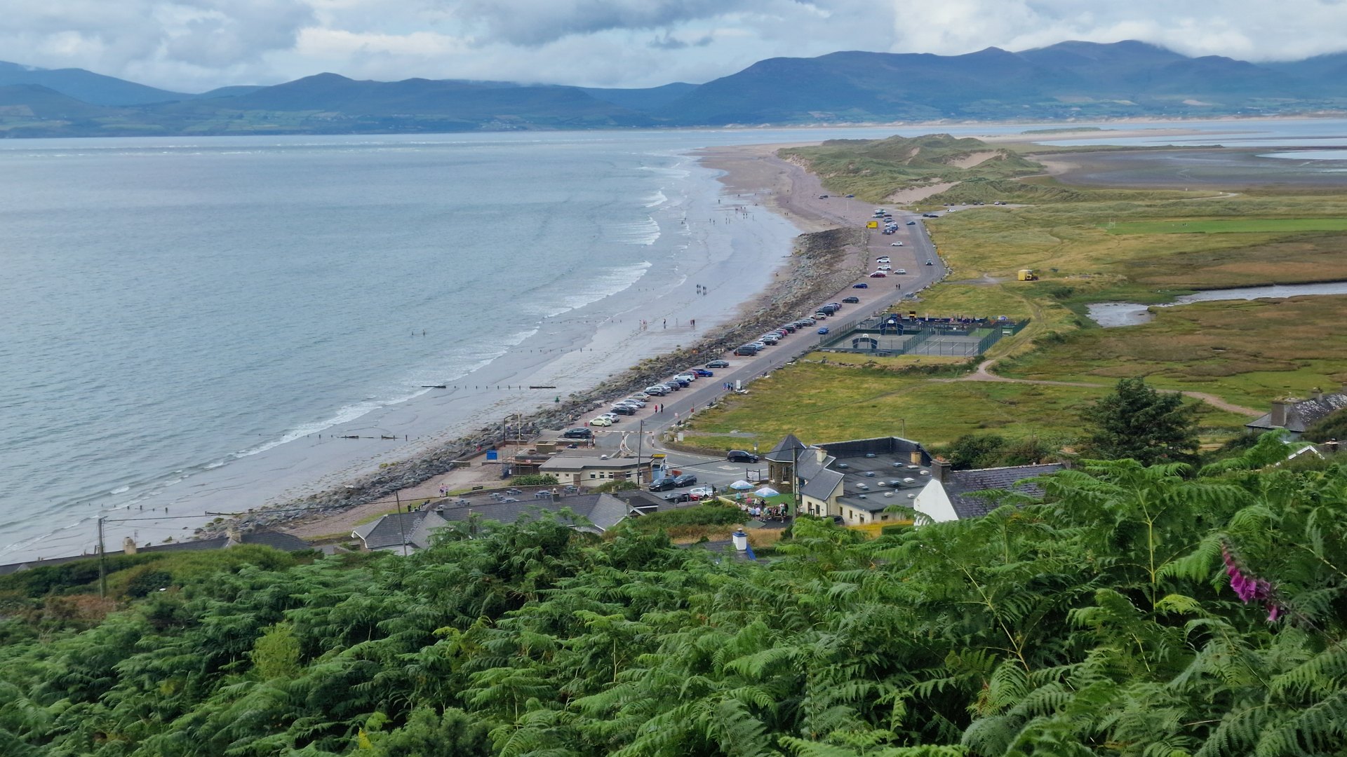 Rossbeigh beach and the coast road seen from the hills above Glenbeigh