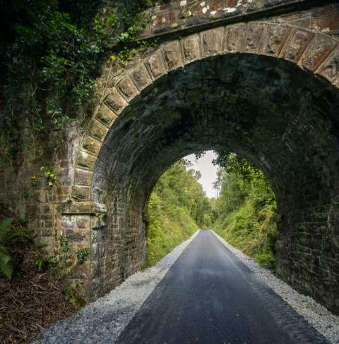 The South Kerry Greenway path running through a stone railway arch into the woods