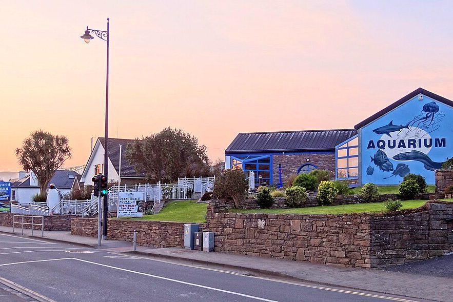 The blue Aquarium building of Dingle Oceanworld at dusk