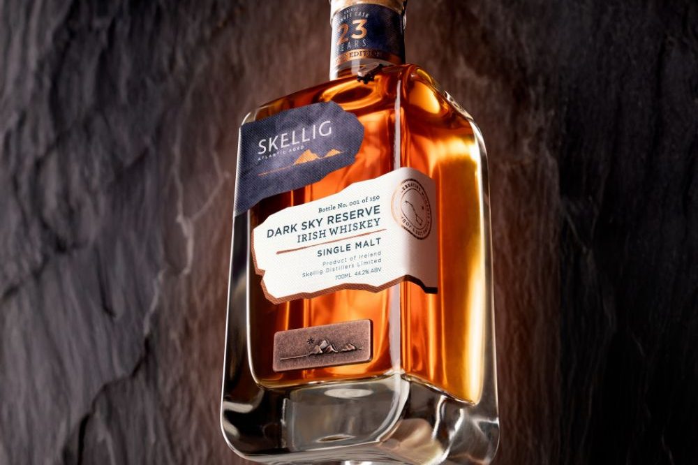 A bottle of Skellig Dark Sky Reserve single malt Irish whiskey